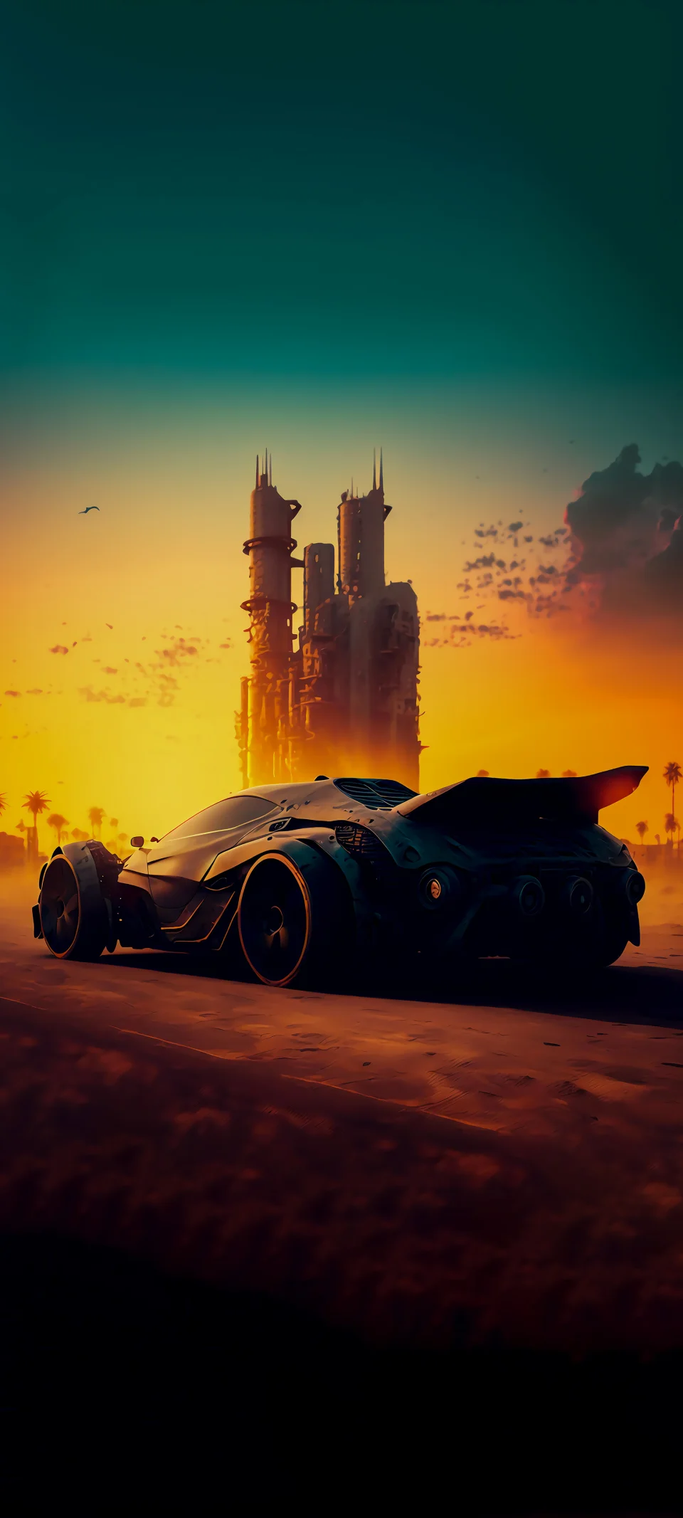 4K Futuristic Cyberpunk Car In Desert Sunset Wallpaper - AI wallpaper - 4K