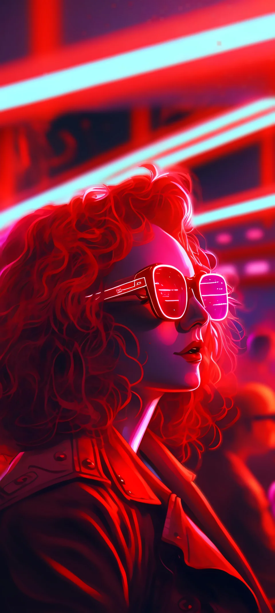 4K Neon Red Cyberpunk Girl With Sunglasses Wallpaper - AI wallpaper - 4K