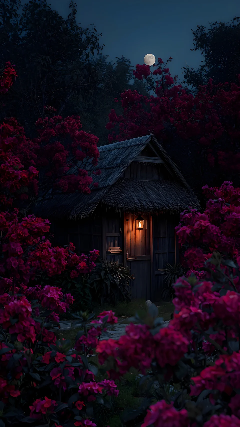 A Hidden Cabin Under The Moon 4K Phone Wallpaper - AI wallpaper - 4K