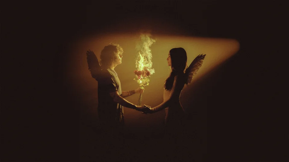 Angel Couple Burning Flowers 4K Wallpaper Dark Fantasy Aesthetic - Love wallpaper - 4K