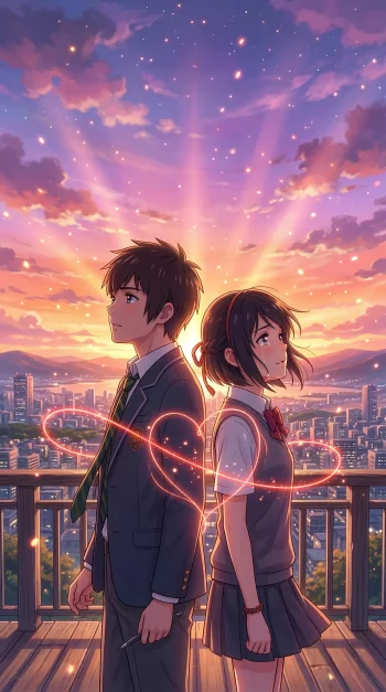 Anime Love Sunset Scene 4K Wallpaper | Romantic City Sky