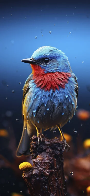 Colorful Blue Robin Bird Rain 4K Wallpaper