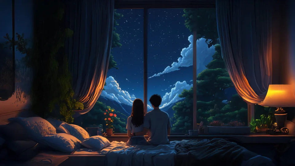 Couple Watching Night Sky 4K Wallpaper Romantic Window Aesthetic - Love wallpaper - 4K