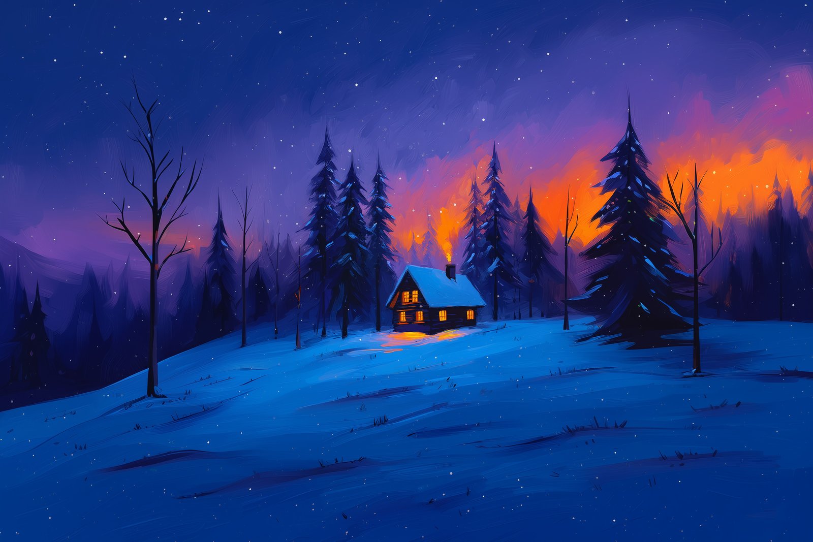 Cozy Winter Cabin Night Desktop Wallpaper 4K - Artist wallpaper - 4K