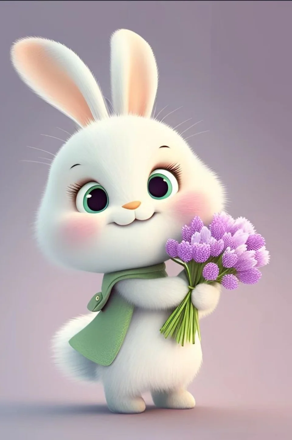 Cute Bunny Holding Flowers 4K Wallpaper Purple & Green Aesthetic - Cute wallpaper - 4K