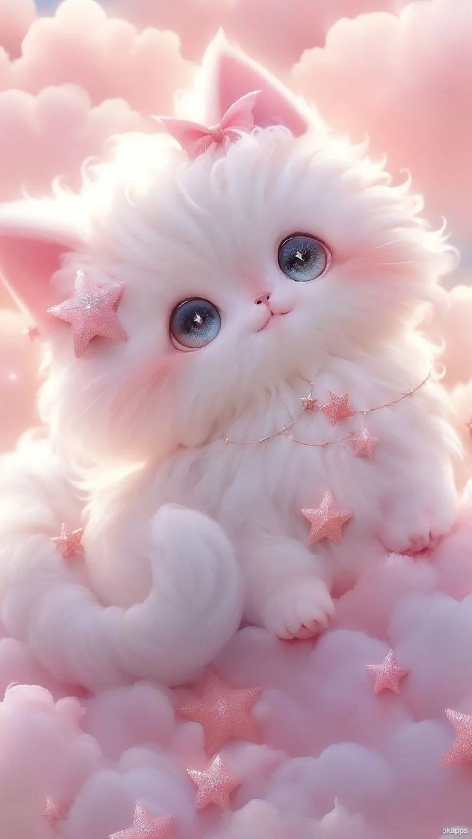 Cute Fluffy White Kitten 4K Wallpaper Pink Clouds & Stars... - Cute wallpaper - 4K