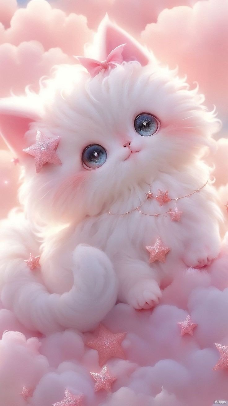 Cute Fluffy White Kitten 4K Wallpaper Pink Clouds & Stars Aesthetic - Cute wallpaper - 4K