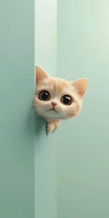 Cute Ginger Cat Peeking 4K Wallpaper 3D Art Teal Aesthetic