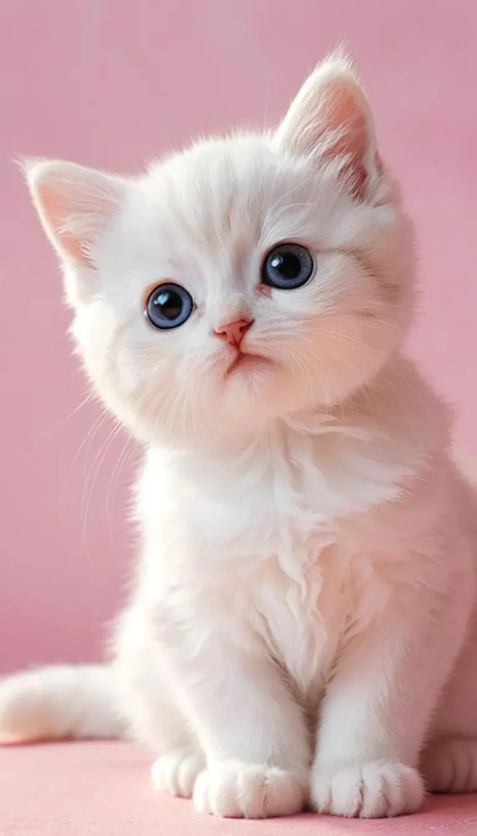 Cute White Kitten 4K Wallpaper Blue Eyes & Pink Aesthetic - Cute wallpaper - 4K