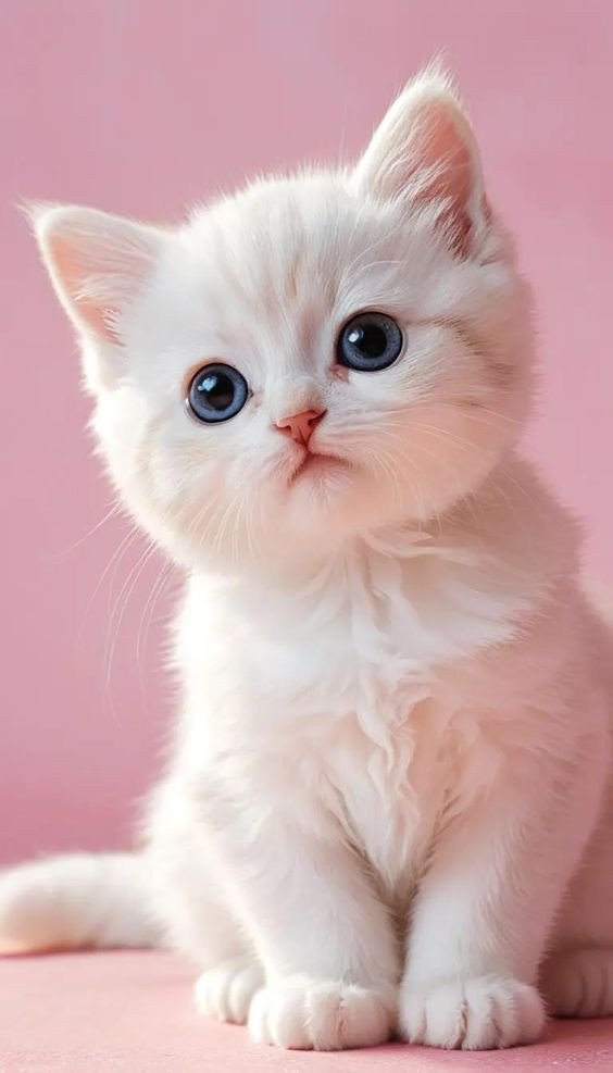 Cute White Kitten 4K Wallpaper Blue Eyes & Pink Aesthetic - Cute wallpaper - 4K