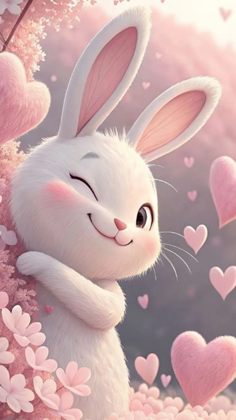 Cute Winking Bunny 4K Wallpaper Pink Heart Aesthetic - Cute wallpaper - 4K