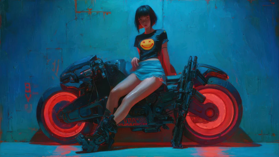 Cyberpunk Girl Bike 4K Wallpaper Neon Red Motorcycle Ultra HD... - Artist wallpaper - 4K