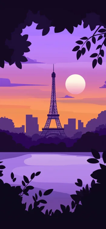 Eiffel Tower Purple Sunset Wallpaper 4K - Paris Vector Art Mobile Background