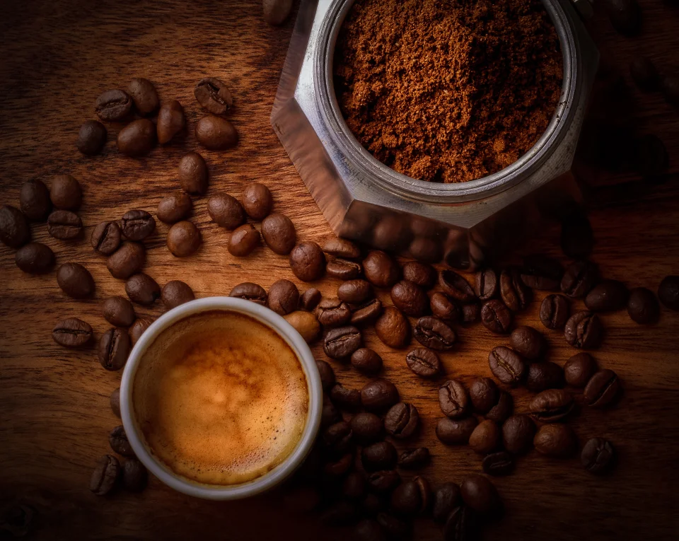Espresso And Coffee Beans 4K Wallpaper Moka Pot Aesthetic - Food wallpaper - 4K