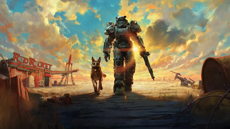 Fallout 4 Power Armor And Dogmeat 4K Wallpaper Wasteland Sunset... - Games wallpaper - 4K