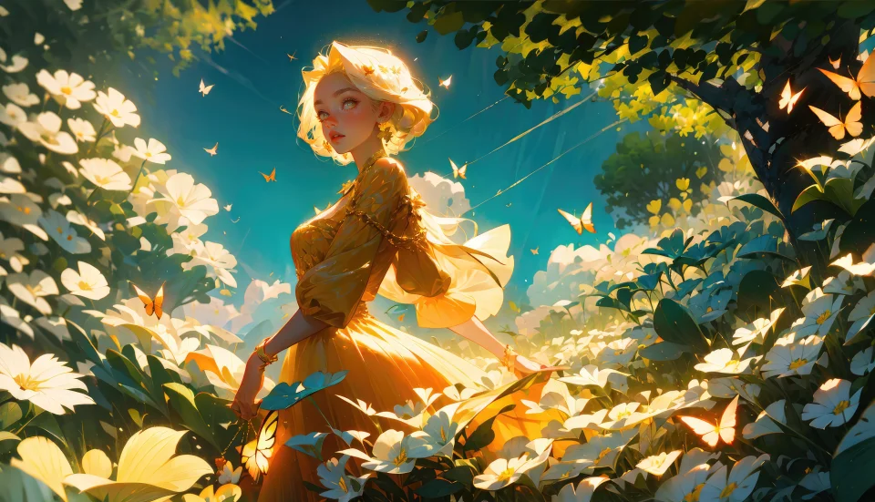 Fantasy Girl Yellow Dress 4K Wallpaper Butterfly Garden Aesthetic - Girls wallpaper - 4K