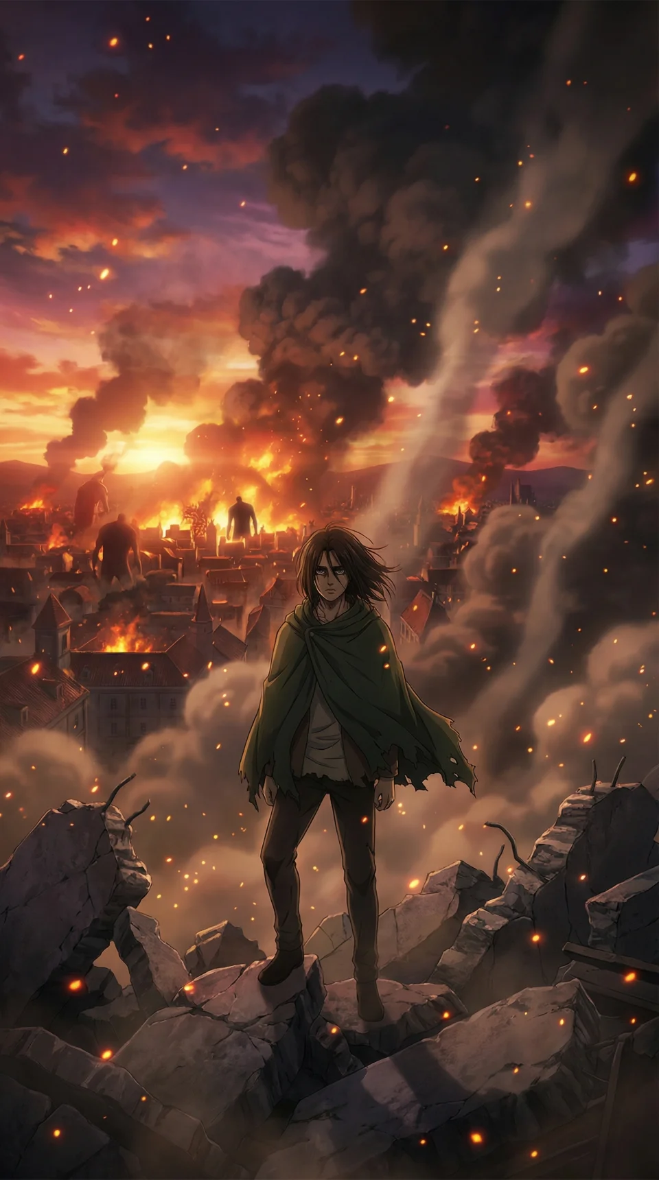 Lone Survivor - Eren Watching The World Burn 4K Phone Wallpaper - Anime wallpaper - 4K