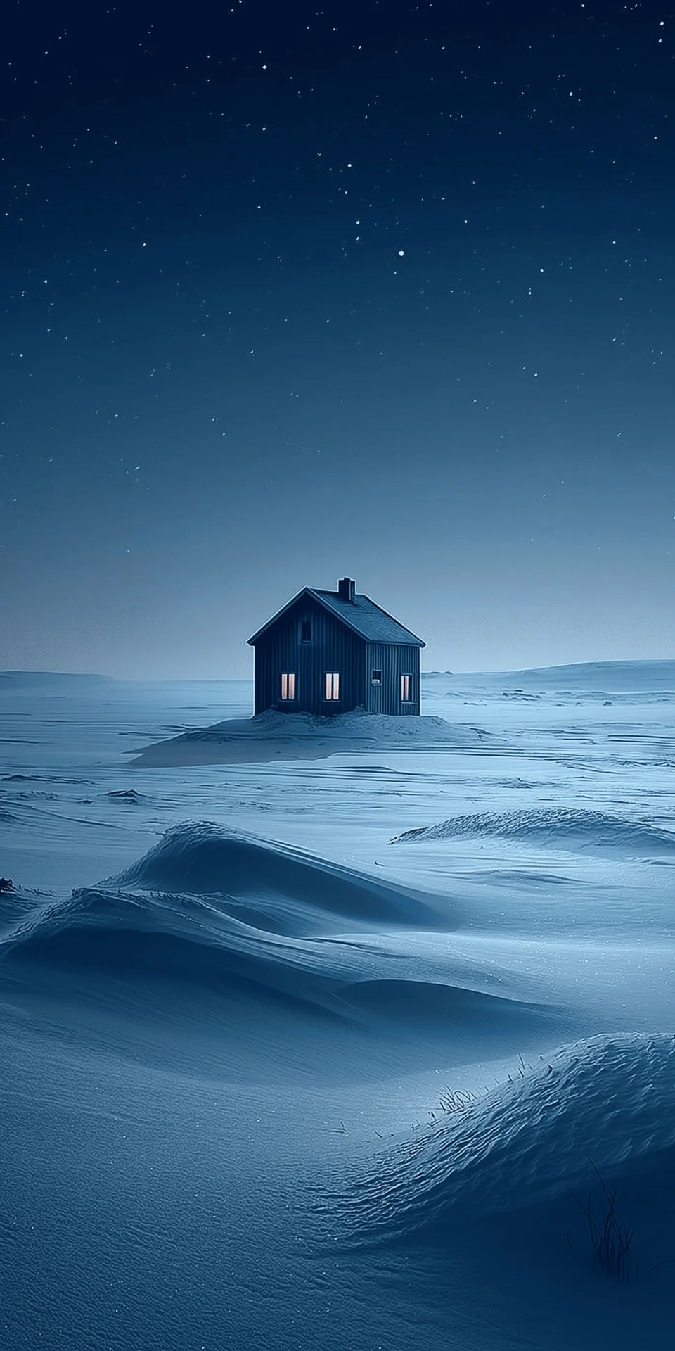 Lonely Cabin Under Starry Sky Snow Minimal 4K Wallpaper - Nature wallpaper - 4K
