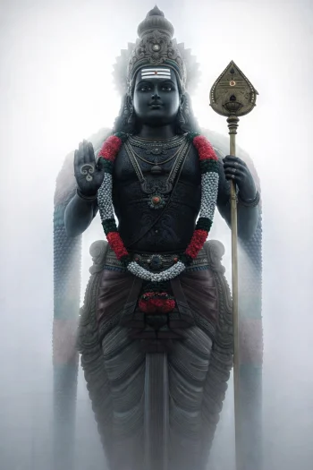 Lord Murugan Statue in Ethereal Fog – Divine 4K Hindu God Wallpaper