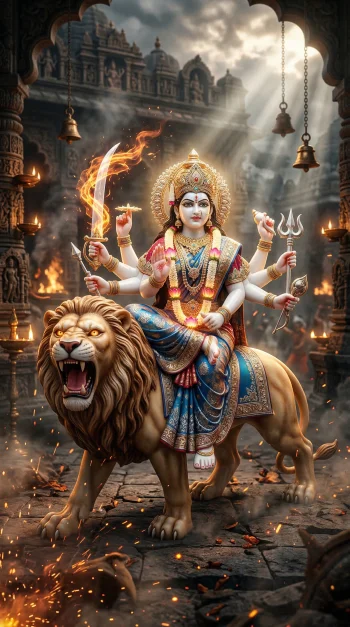 Maa Durga Divine Power 4K Wallpaper | Lion Ride HD