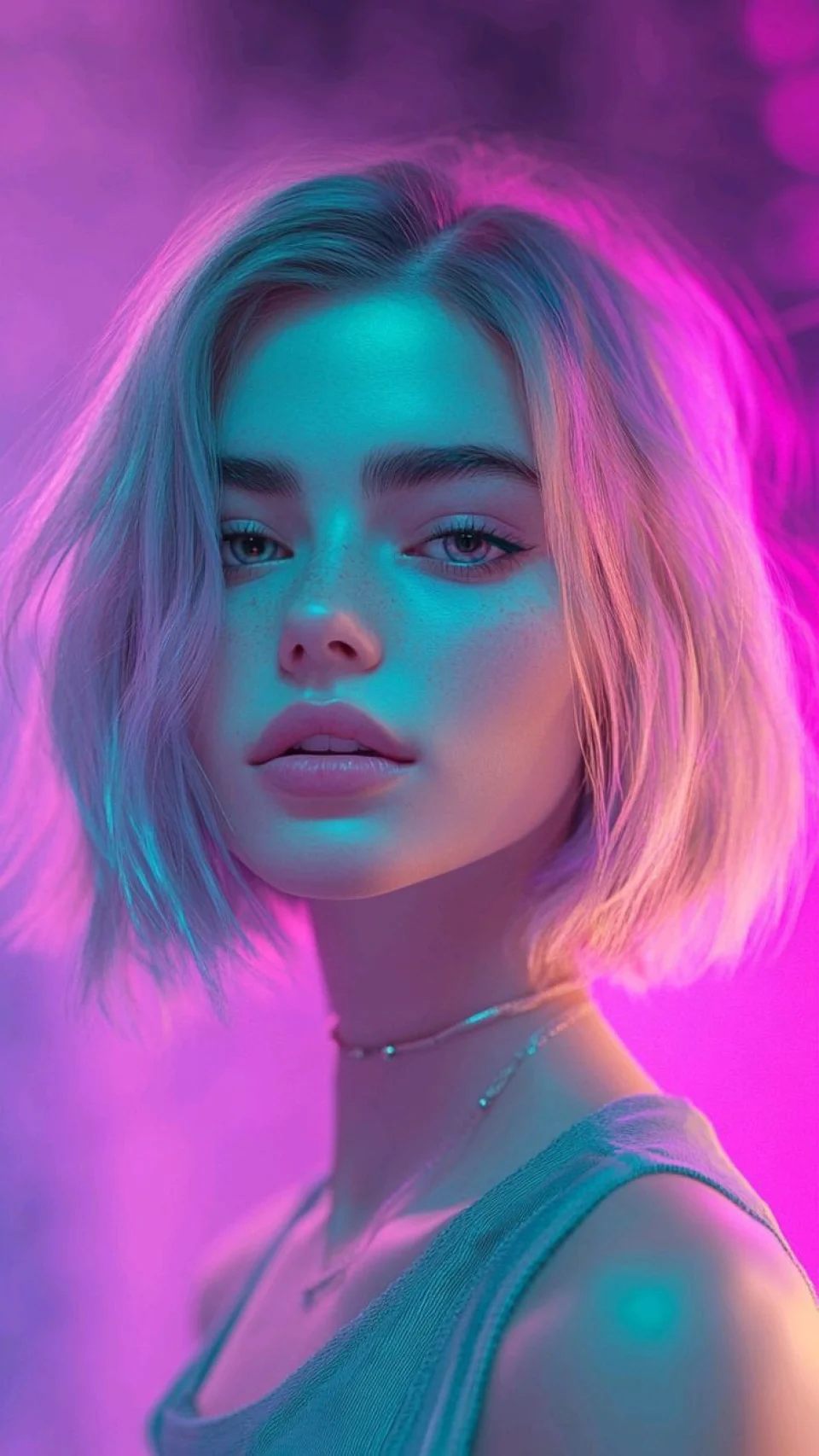 Neon Girl Short Hair 4K Wallpaper Pink And Cyan Aesthetic - Girls wallpaper - 4K