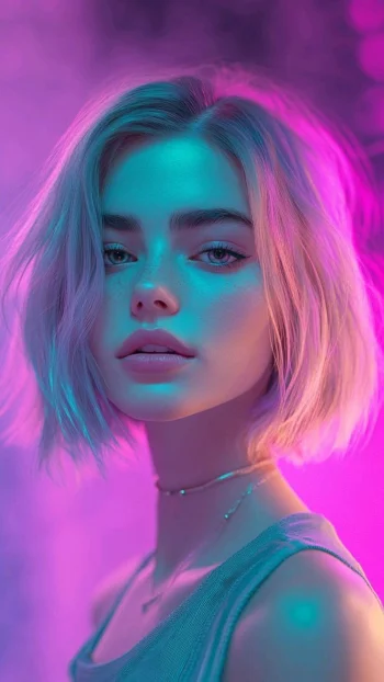 Neon Girl Short Hair 4K Wallpaper Pink And Cyan Aesthetic