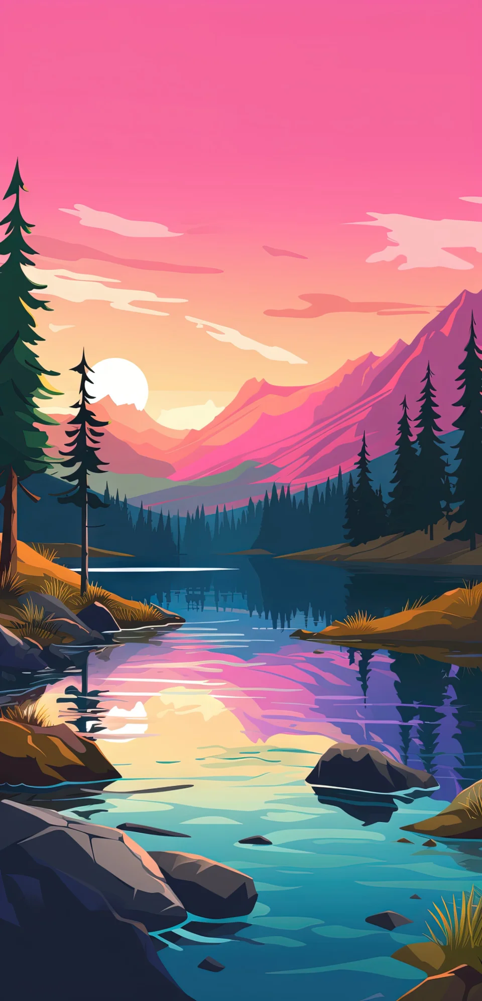 Pink And Blue Landscape Wallpaper 4K - Lofi Sunset Mountain... - Artist wallpaper - 4K