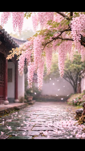 Pink Blossom Rain Path – Peaceful Spring Aesthetic
