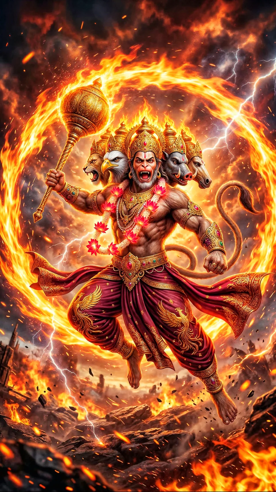 Powerful Panchmukhi Hanuman Ji Divine Art 4K Phone Wallpaper - God wallpaper - 4K