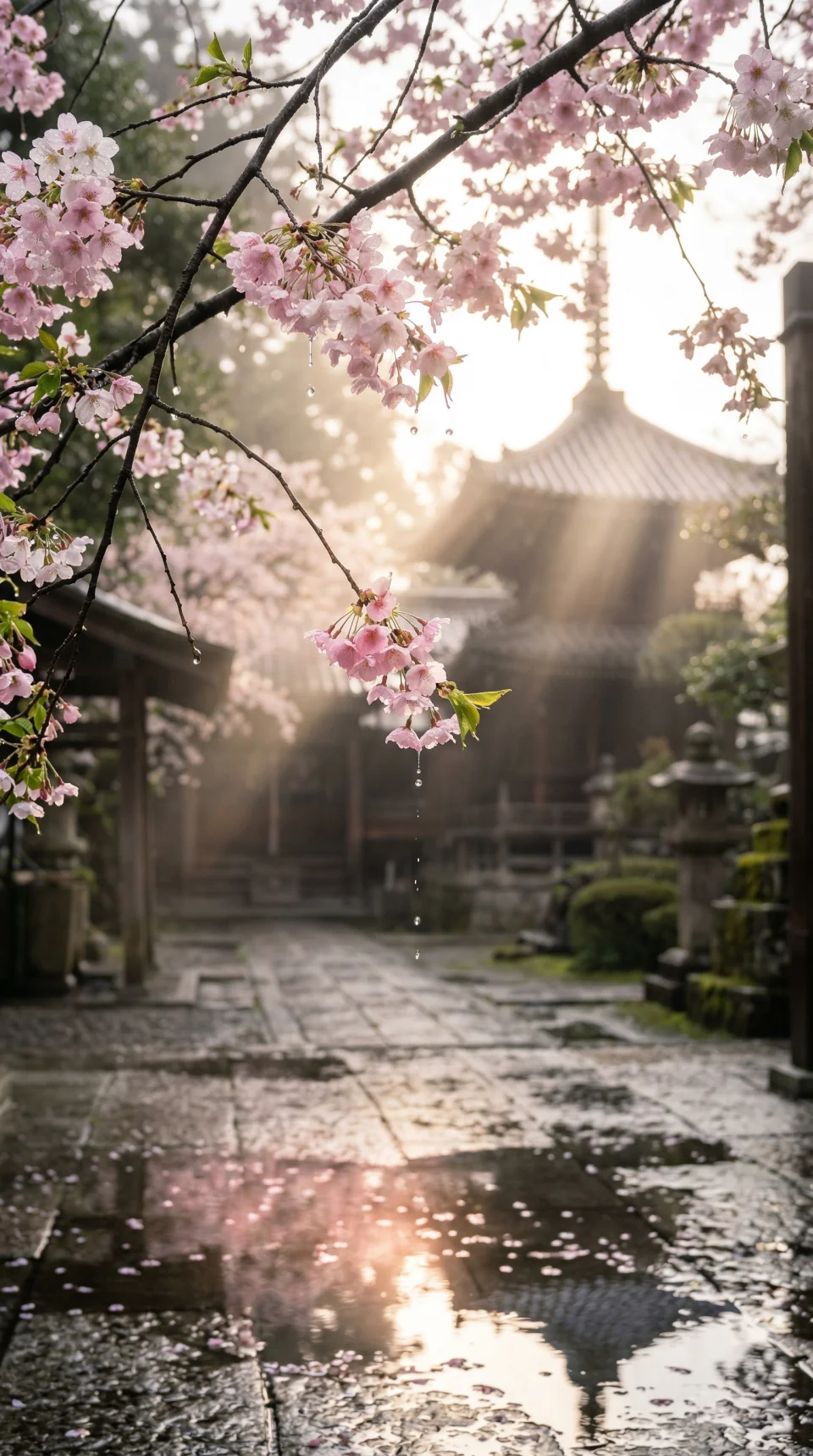 Rainy Sakura Temple Calm Reflection Scene 4K Phone Wallpaper - Flowers wallpaper - 4K