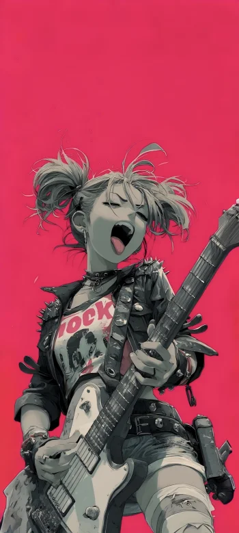 Rockstar Anime Girl Guitar – Pink Punk Aesthetic 4K Wallpaper