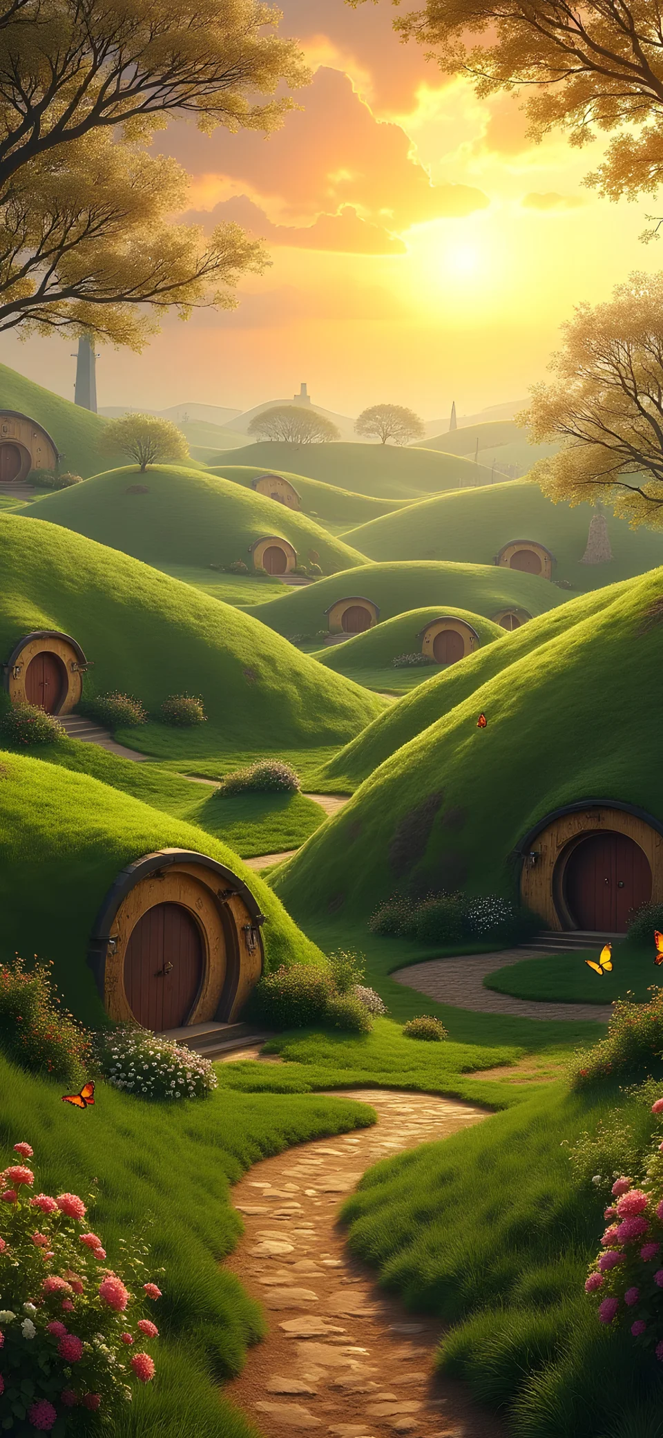 Rolling Green Hills Dotted With Round Hobbit Doors 4K Wallpaper... - Nature wallpaper - 4K