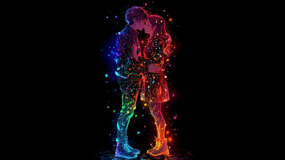 Romantic Couple Kissing 4K Wallpaper Colorful Neon Particles... - Love wallpaper - 4K