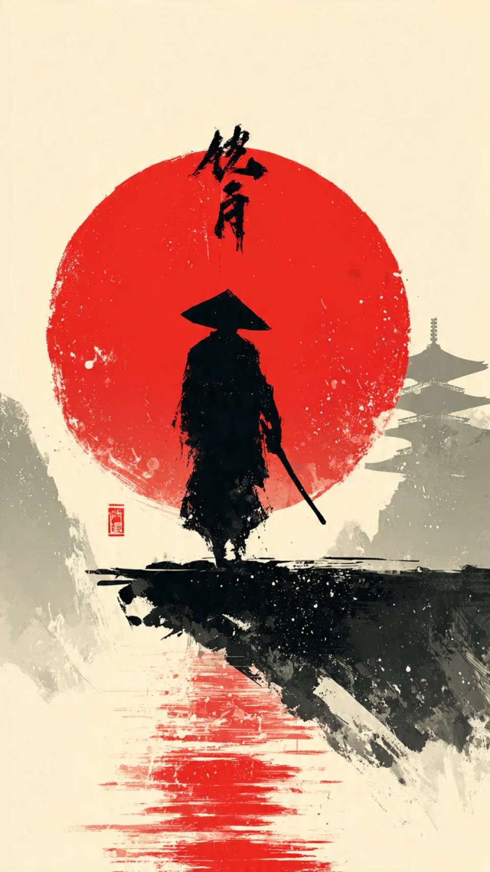 Samurai Sumi-e Crimson Sun wallpaper - AI wallpaper - 4K