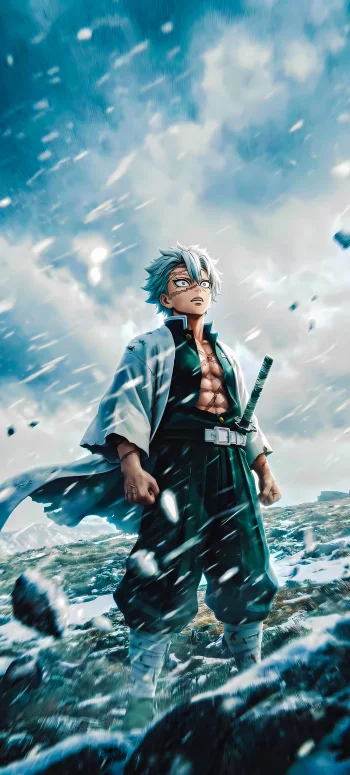 Sanemi Shinazugawa Anime Warrior Snow Storm 4K Wallpaper for Mobile