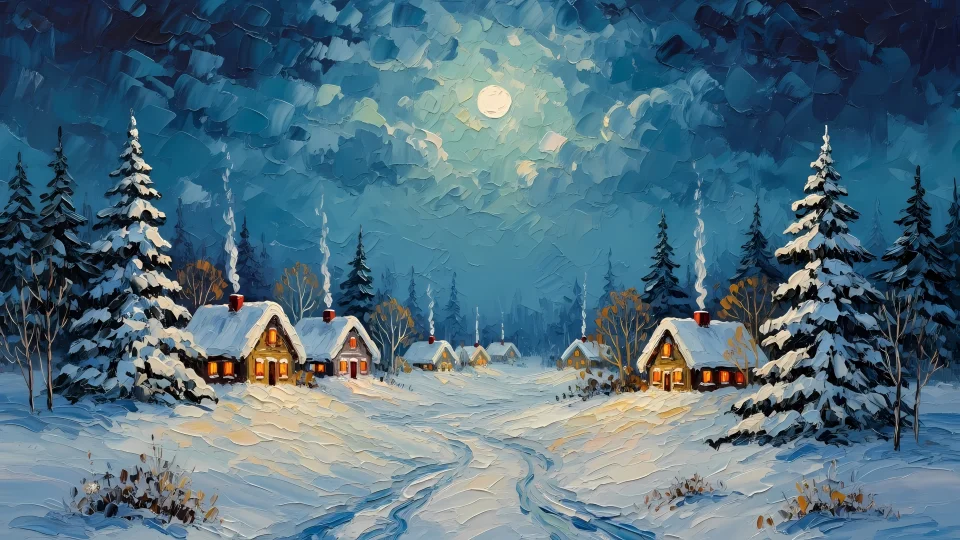 Snowy Winter Village Night Oil Painting Wallpaper - Celebrations wallpaper - 4K