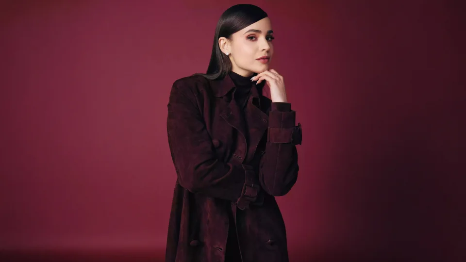 Sofia Carson 4K Wallpaper Burgundy Suede Coat & Dark Aesthetic - Celebrities wallpaper - 4K
