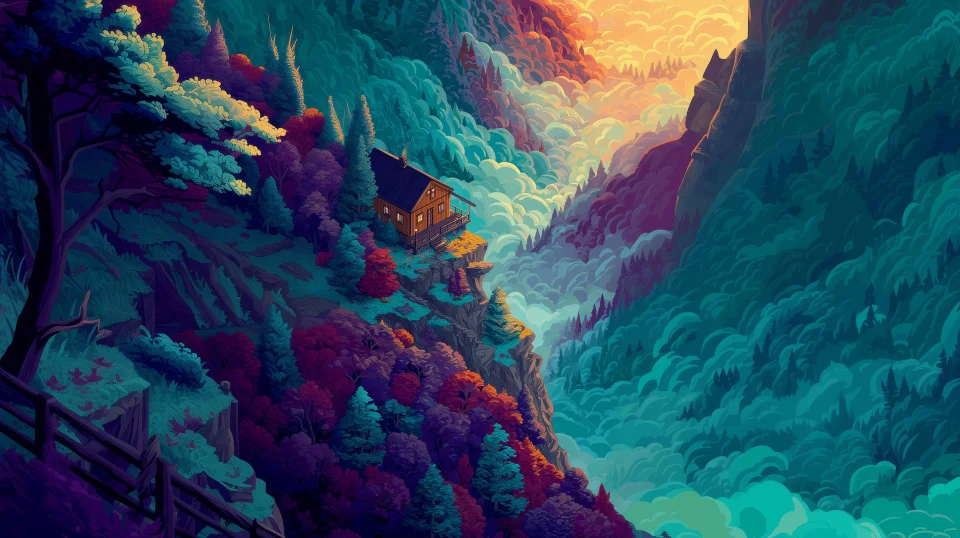 Stylized Cabin On Cliff Edge Desktop Wallpaper 4K - Artist wallpaper - 4K