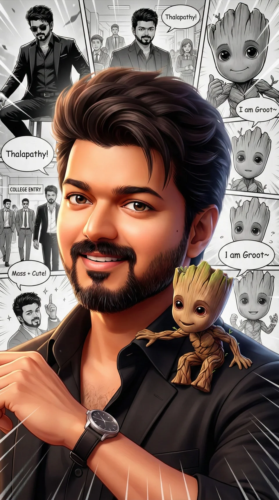 Thalapathi X Groot 4K Phone Wallpaper - AI wallpaper - 4K