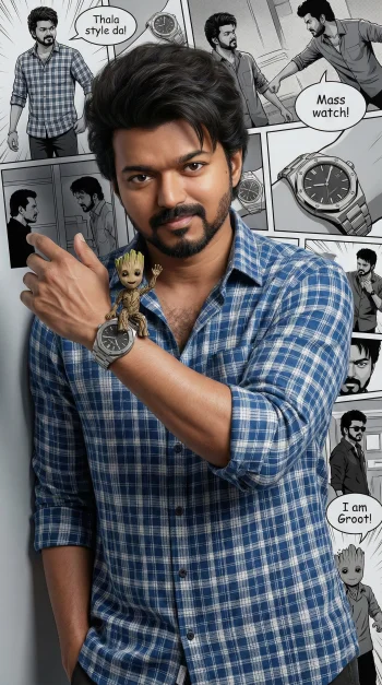 Thalapathy Vijay x Baby Groot 4K AI Wallpaper