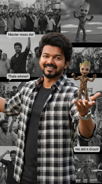 Thalapathy Vijay x Baby Groot 4K AI Wallpaper