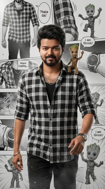 Thalapathy Vijay x Baby Groot 4K AI Wallpaper