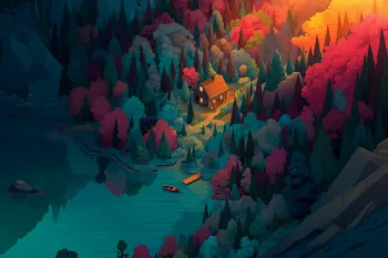 Vibrant Isometric Cabin Forest Desktop Wallpaper 4K