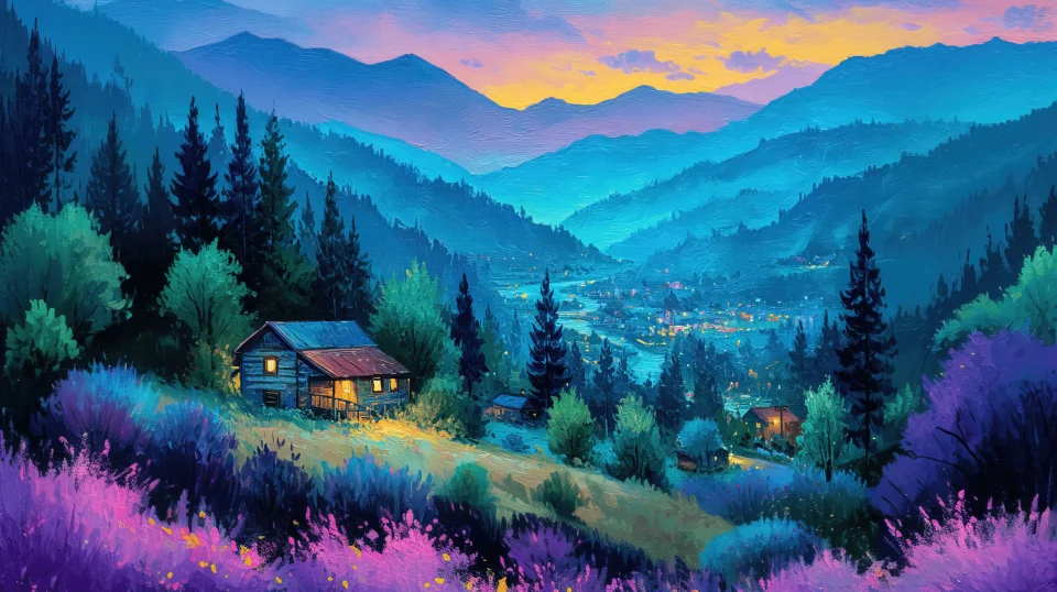 Vibrant Painted Valley Landscape Wallpaper 4K Cabin In Blue... - Artist wallpaper - 4K