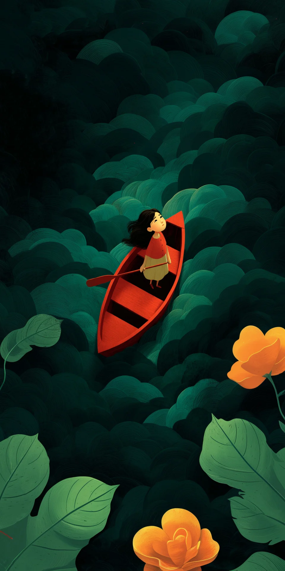 Whimsical Alone In The Waves Wallpaper 4K Dark Green & Red... - Artist wallpaper - 4K