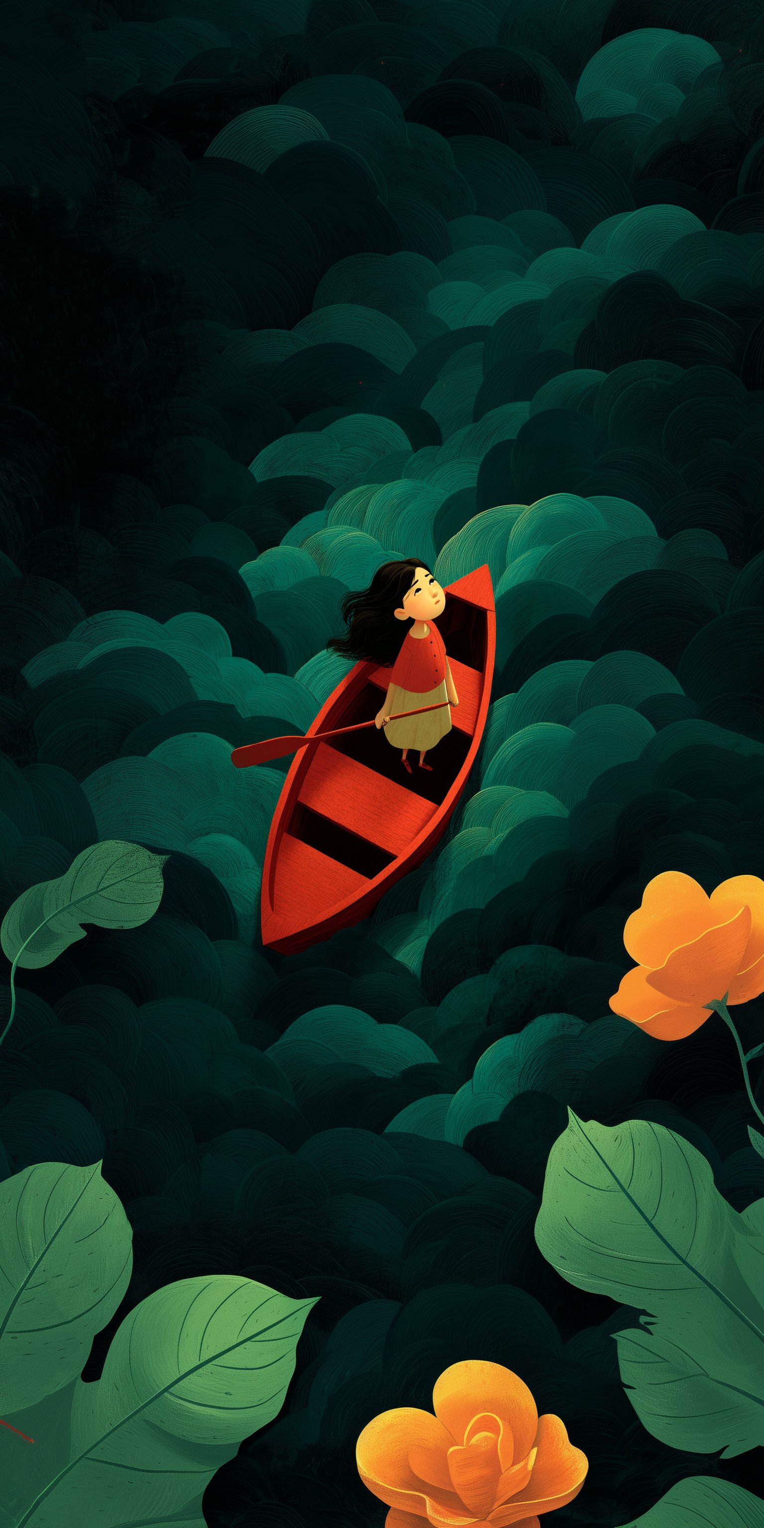 Whimsical Alone in the Waves Wallpaper 4K | Dark Green & Red Illustration Art - Artist wallpaper - 4K