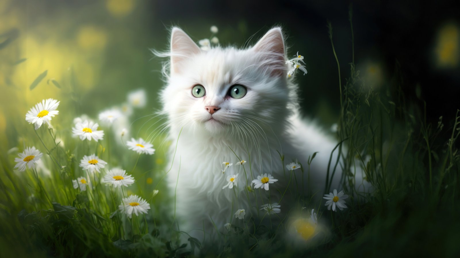 White Fur Kitten 4K Wallpaper Daisies & Green Nature Aesthetic - Cute wallpaper - 4K