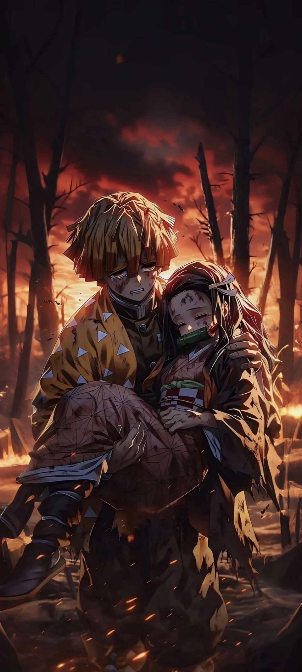 Zenitsu Protecting Nezuko Emotional Demon Slayer 4K Wallpaper - Anime wallpaper - 4K